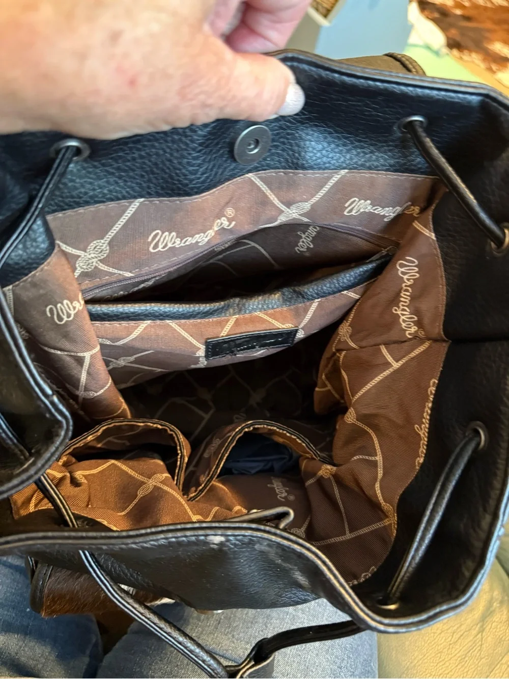 Wrangler Black Leather Backpack with Cowhide Accents